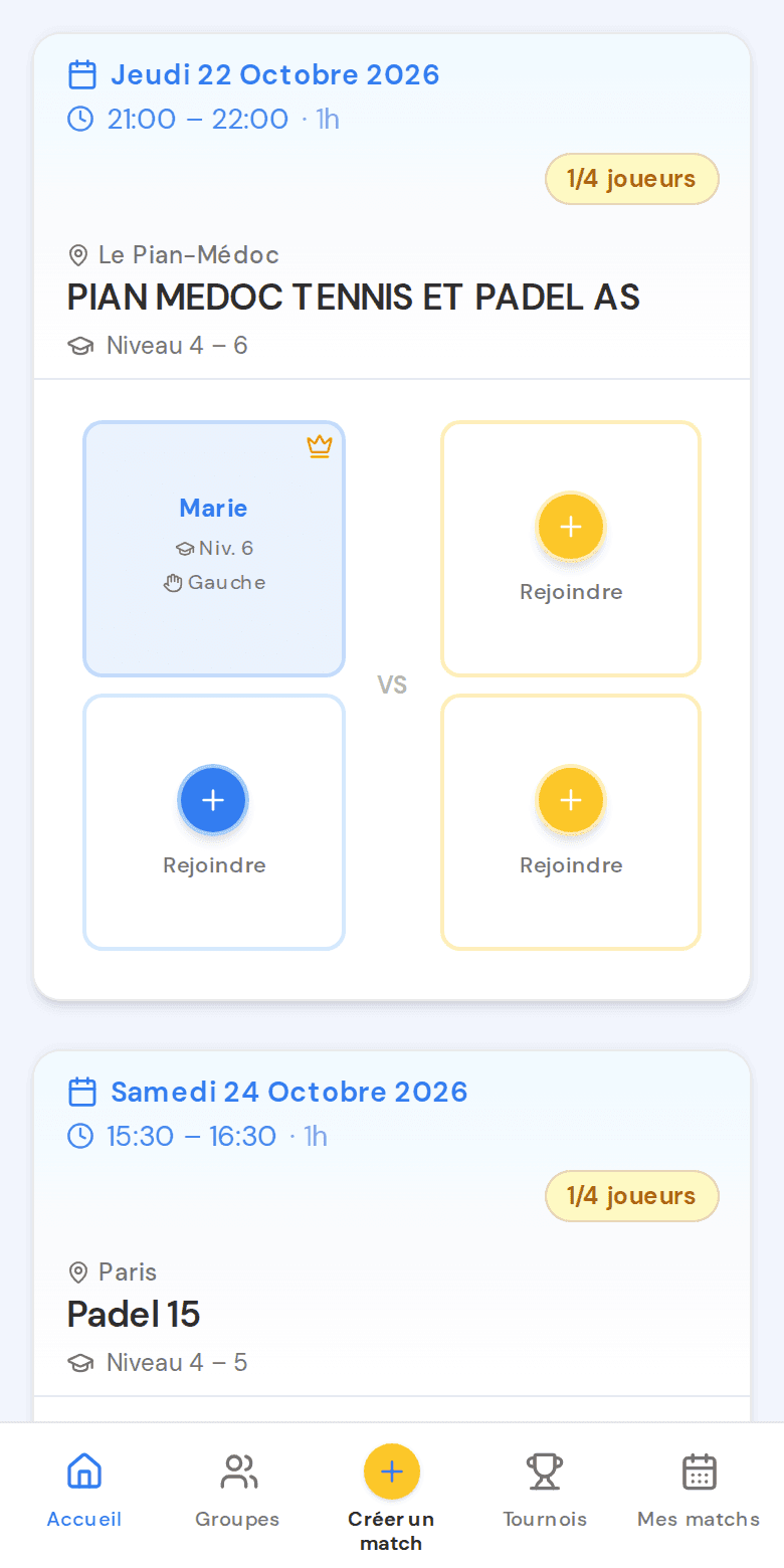 Liste des matchs disponibles